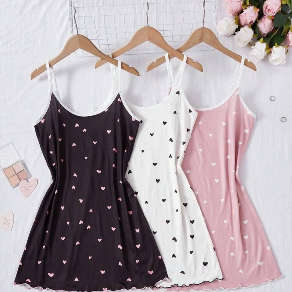 Heart Patterned Nightgown Set in Black, White, and Pink